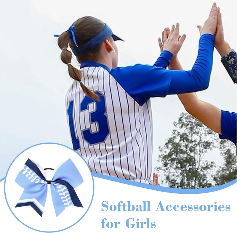 DEEKA 12 PCS Softball Cheer Bows 8" Thread Large Cheerleader Hair Bows Ponytail Holder Handmade for Teen Girls Sports -Blue/Navy/White - Image 4