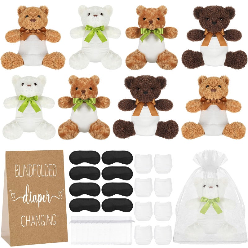 Chicingyou 8 Set Bear Blindfolded Diaper Changing Baby Shower Games with Blindfold Changing 12 Inch Bear Dolls Diapers Gift Bags for Baby Shower Gender Reveal Raffle Party Game - Image 1