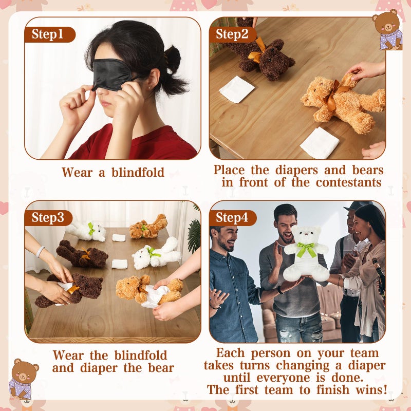 Chicingyou 8 Set Bear Blindfolded Diaper Changing Baby Shower Games with Blindfold Changing 12 Inch Bear Dolls Diapers Gift Bags for Baby Shower Gender Reveal Raffle Party Game - Image 5