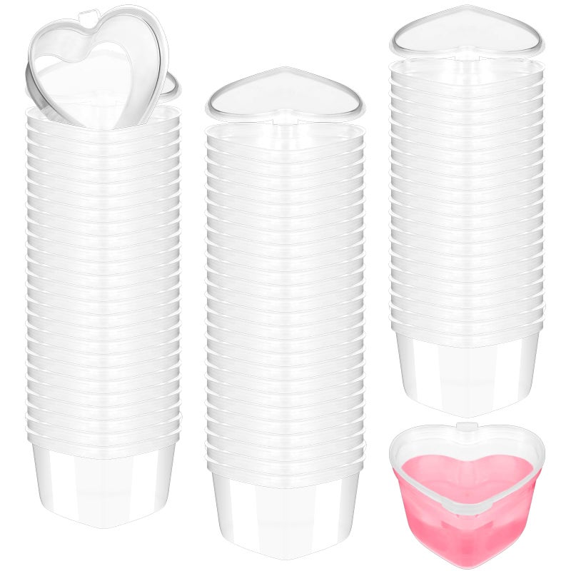 Layhit مجموعة لايهيت من 100 قطعة من علب تخزين الطعام على شكل قلب لعيد الحب، علب بلاستيكية صغيرة على شكل قلب سعة 1.7 أونصة، علب تخزين طعام شفافة مع أغطية، أكواب تقديم لصنع الحرف اليدوية، كرات رغوية سائلة، طين ناعم. - Image 1