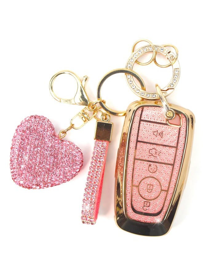 YIKECASE Key Fob Cover with Diamond Keychain for Women, Car Key Holder Compatible with Ford Explorer Fusion Edge Expedition F150 F250 F350 F450 F550 Maverick Mustang Protector, 5 Buttons (Pink-Heart) - Image 1