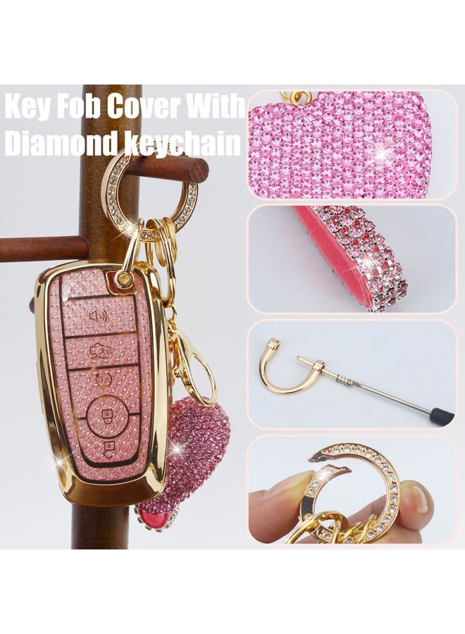 YIKECASE Key Fob Cover with Diamond Keychain for Women, Car Key Holder Compatible with Ford Explorer Fusion Edge Expedition F150 F250 F350 F450 F550 Maverick Mustang Protector, 5 Buttons (Pink-Heart) - Image 3