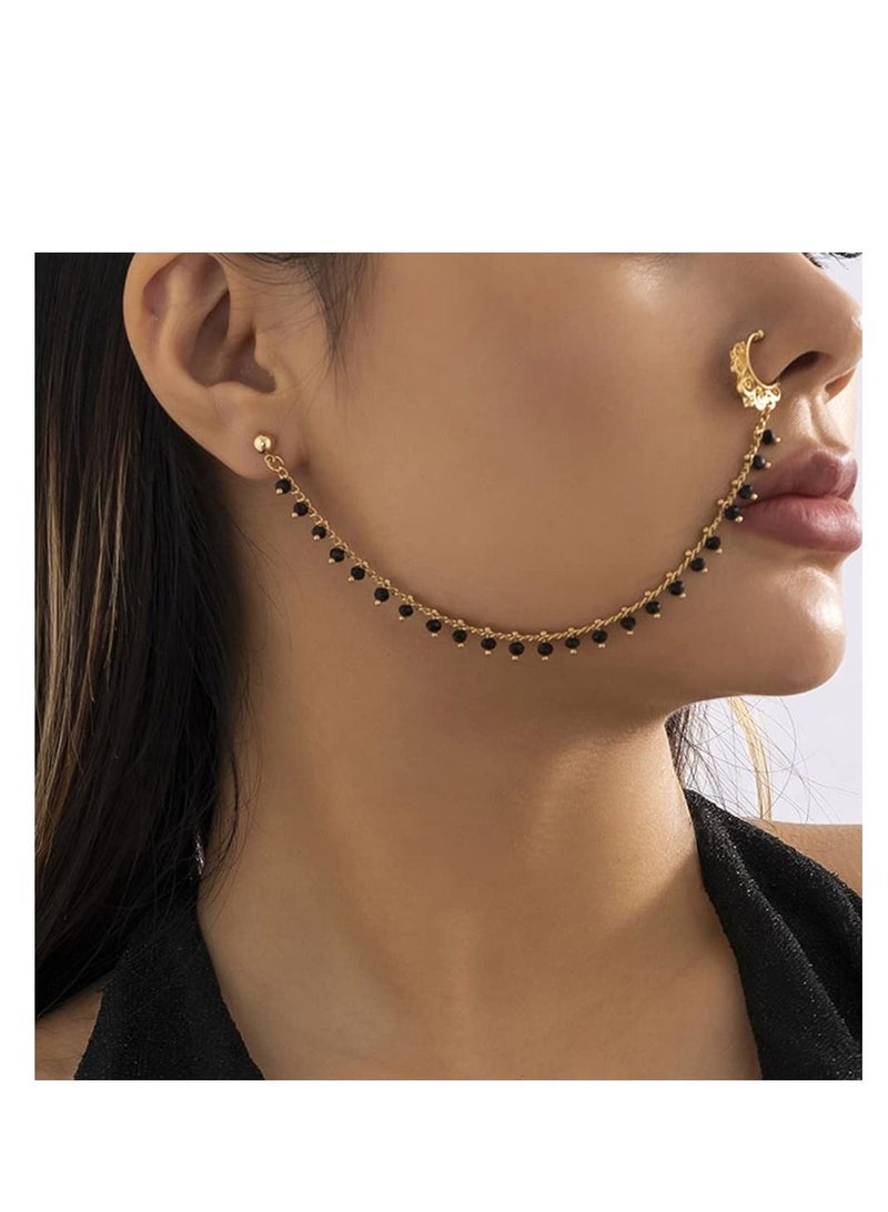 NIBEMINENT Beaded Tassel Nose Ring with Chain to Ear Stud Non-Pierced Septum Hoop Indian Belly Dance Party Accessories for Women and Girls  - Image 1