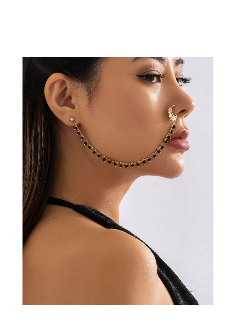 NIBEMINENT Beaded Tassel Nose Ring with Chain to Ear Stud Non-Pierced Septum Hoop Indian Belly Dance Party Accessories for Women and Girls  - Image 3
