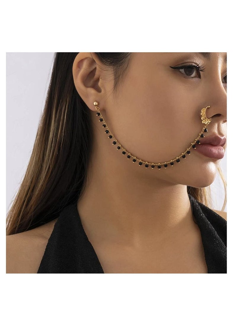 NIBEMINENT Beaded Tassel Nose Ring with Chain to Ear Stud Non-Pierced Septum Hoop Indian Belly Dance Party Accessories for Women and Girls  - Image 5