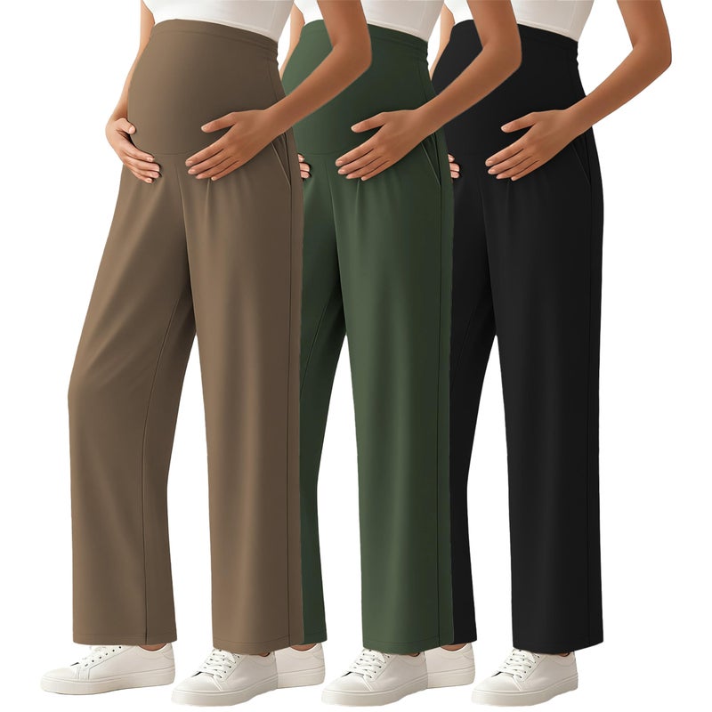 Ecavus 3-Pack Women's Maternity Pants Over Belly Soft Lounge Palazzo Pants Stretch Wide Leg Pregnancy Trousers with Pockets - Image 1