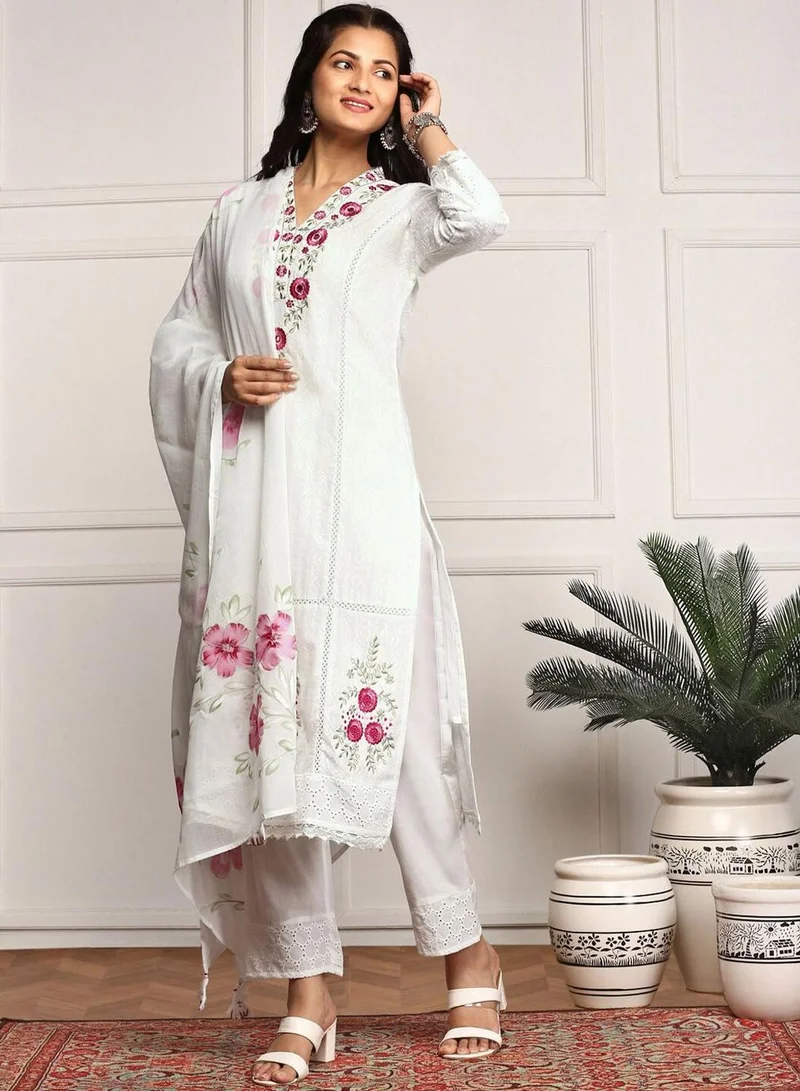 ISHIN Regular Fit Three-Quarter Sleeve Printed Off White Cotton Woven Kurta Set For Women Flat Collar Perfect For Wedding And Engagement Pull On Closure