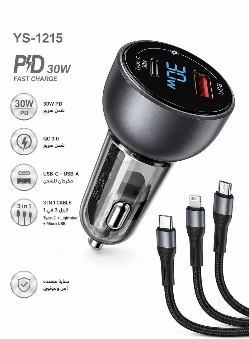شاحن سيارة سريع بتقنية توصيل الطاقة 30 واط بمنفذين USB C و USB A لجوال ايفون 17 برو ماكس، شاحن سيارة سريع الشحن مع كيبل 3in1 لايثينينج و تايب سي و ميكرو, مضفر بطول 1 متر لايفون 17 وجالكسي S26 وهواوي وايباد برو وشاومي, أيضاً متوافق مع آيفون X XS XR XS Max 7 8 11 12 13 14 وغيرها