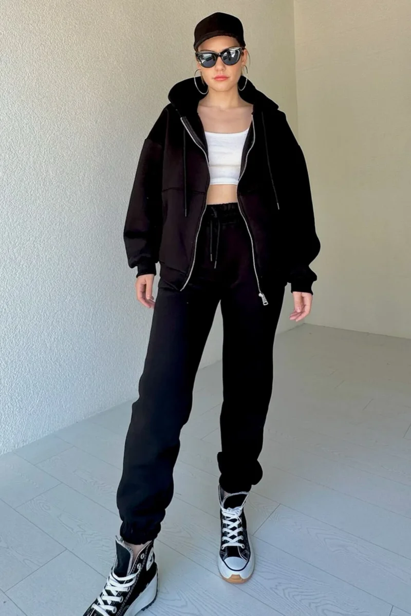 Capp Moda TKM-03472 Black Hooded Zippered Sweat Jogger Tracksuit Double Suit