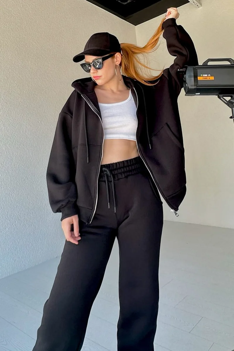 Capp Moda TKM-03472 Black Hooded Zippered Sweat Jogger Tracksuit Double Suit