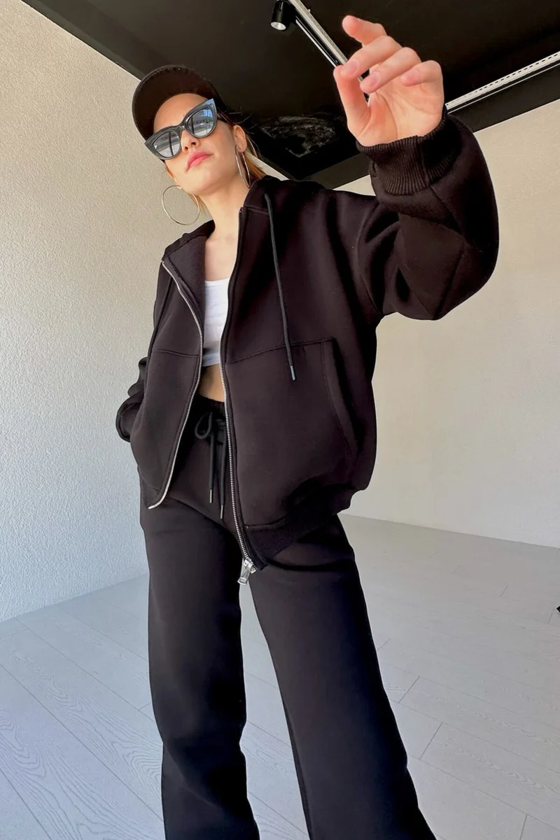 Capp Moda TKM-03472 Black Hooded Zippered Sweat Jogger Tracksuit Double Suit