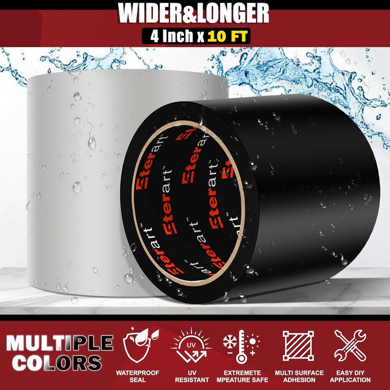 ETERART Waterproof Tape 4 Inch x 10 FT, Seal Tape Black - Heavy Duty Leak Repair for Roof, Pipe, Boat, Hose & Outdoor Emergency Fix - Permanent Weather Resistant Seal - Image 2