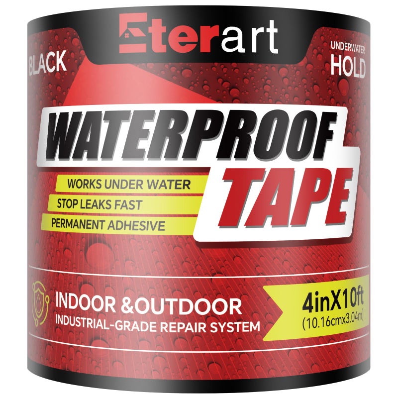 ETERART Waterproof Tape 4 Inch x 10 FT, Seal Tape Black - Heavy Duty Leak Repair for Roof, Pipe, Boat, Hose & Outdoor Emergency Fix - Permanent Weather Resistant Seal - Image 1