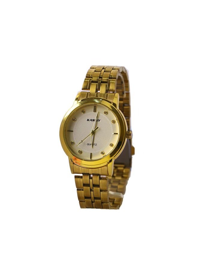 Generic - Men's wristwatch, Analog, Quartz, Gold stainless steel band, White dial Ka13 - Image 1