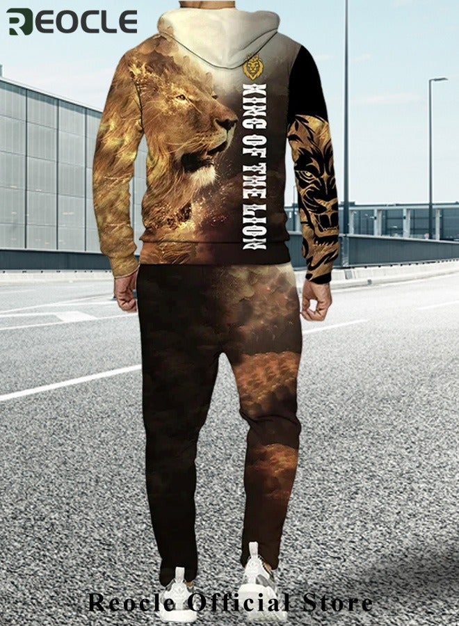 ريوكل طقم هودي رجالي مكون من قطعتين، سويت شيرت، بقلنسوة بأكمام طويلة، مطبوع ثلاثي الأبعاد، مع سحاب، بنطال رياضي، بدلة كاجوال - Image 2