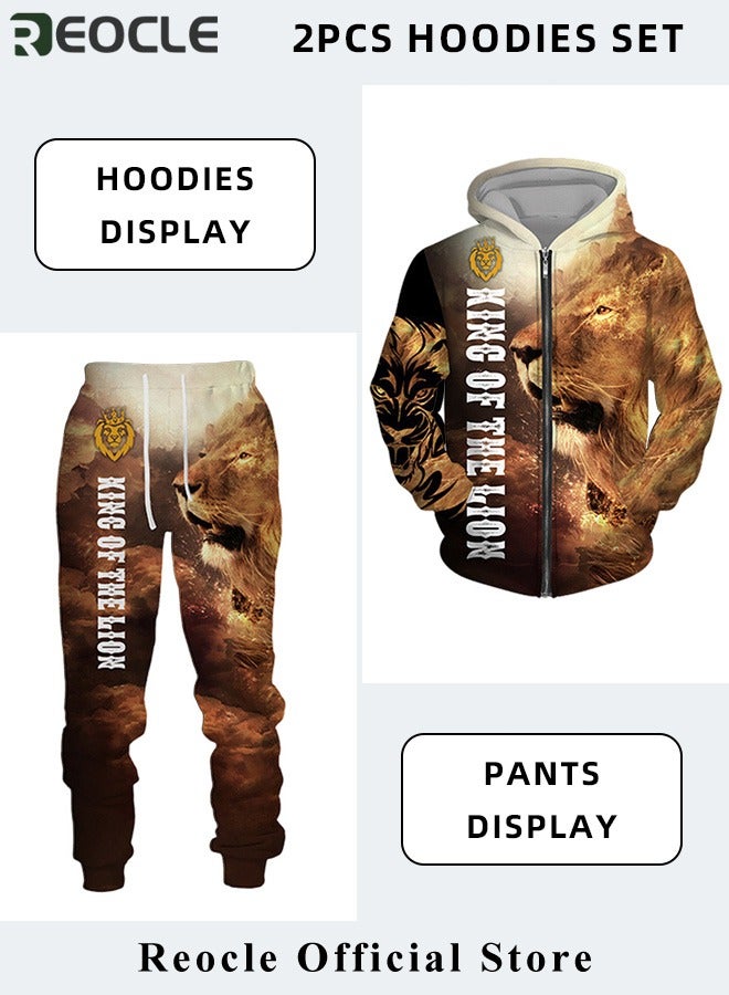 ريوكل طقم هودي رجالي مكون من قطعتين، سويت شيرت، بقلنسوة بأكمام طويلة، مطبوع ثلاثي الأبعاد، مع سحاب، بنطال رياضي، بدلة كاجوال - Image 3