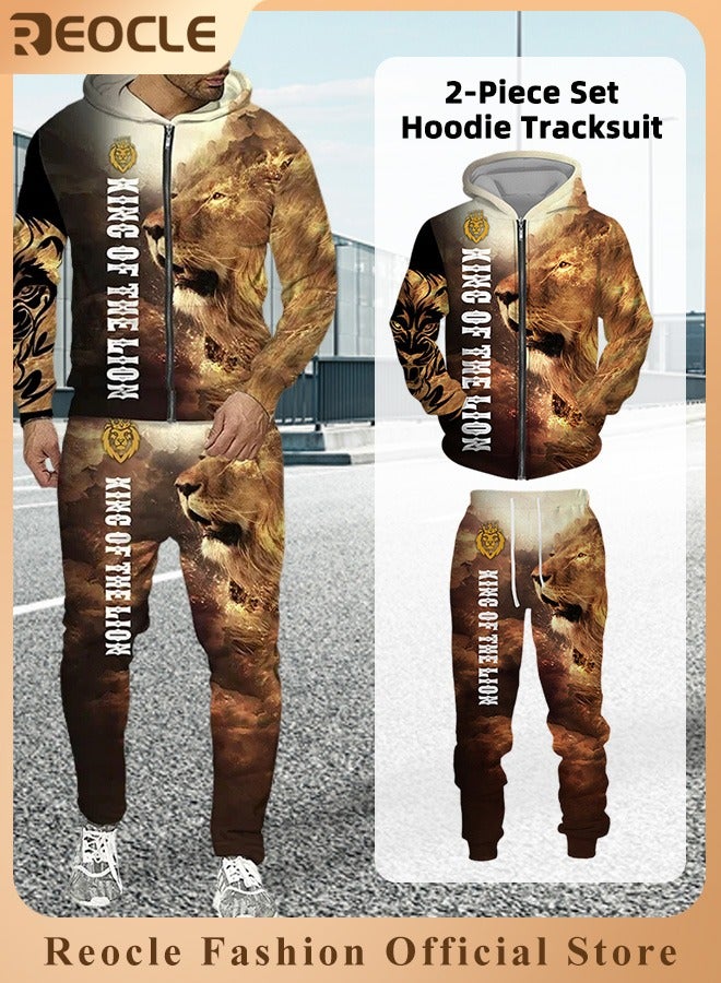 ريوكل طقم هودي رجالي مكون من قطعتين، سويت شيرت، بقلنسوة بأكمام طويلة، مطبوع ثلاثي الأبعاد، مع سحاب، بنطال رياضي، بدلة كاجوال - Image 1