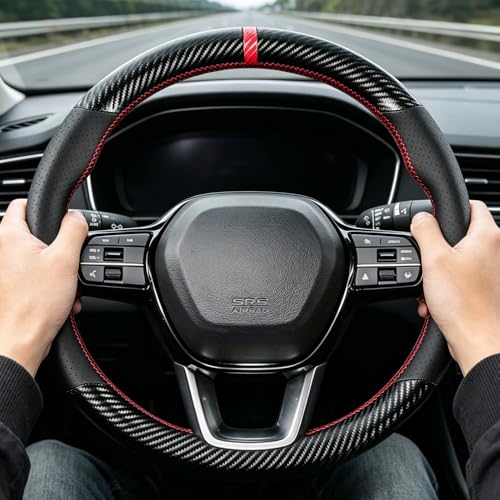 Kivnto Hand Stitched Carbon Fiber Microfiber Leather Steering Wheel Cover Custom Fit for Honda 11th Civic Accord 20232026 Red Stitch Breathable NonSlip DIY Sew Steering Wrap Interior Accessories - Image 3
