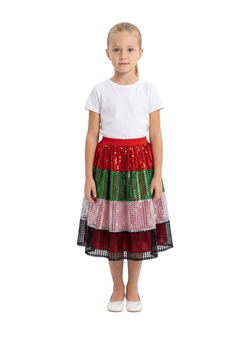 Bidani Girls' UAE National Day All-Over Sequin Flag Color Tiered Midi Skirt