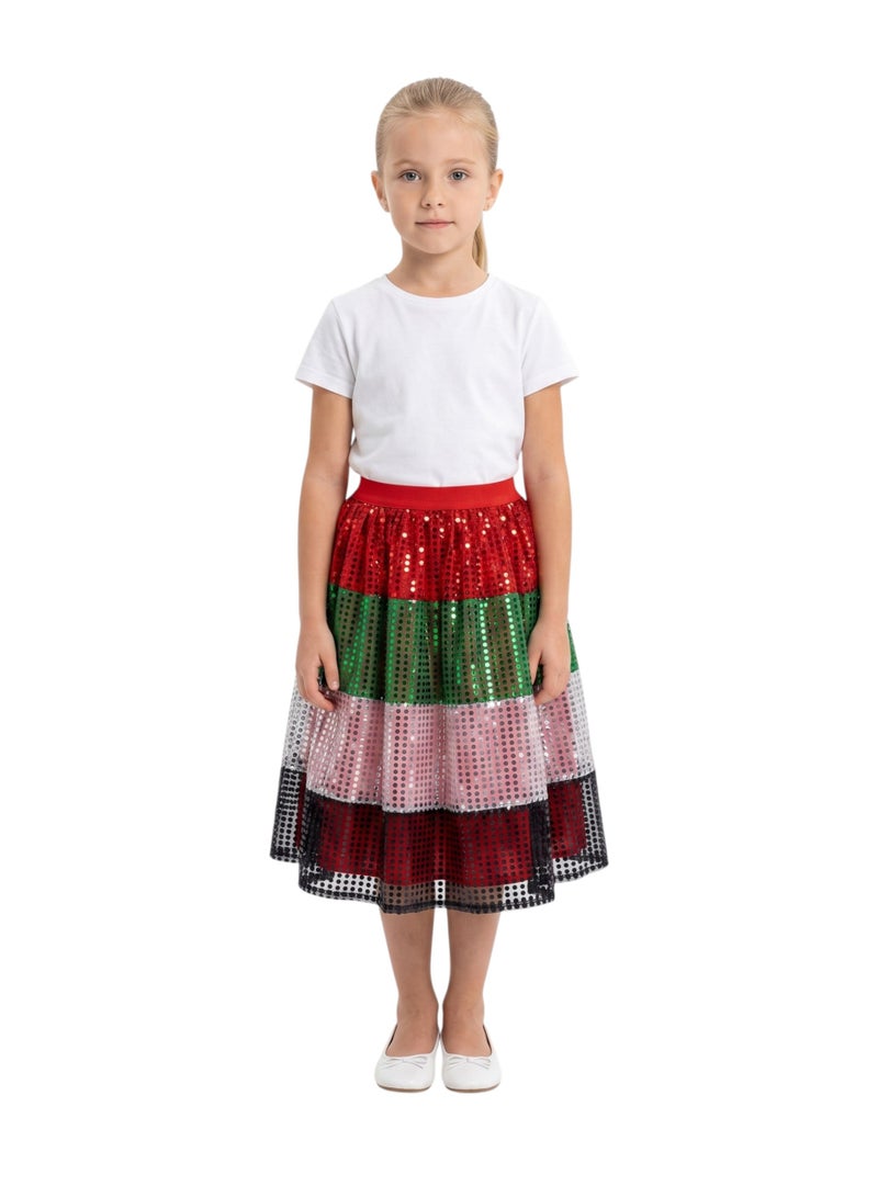 Bidani Girls' UAE National Day All-Over Sequin Flag Color Tiered Midi Skirt - Image 1