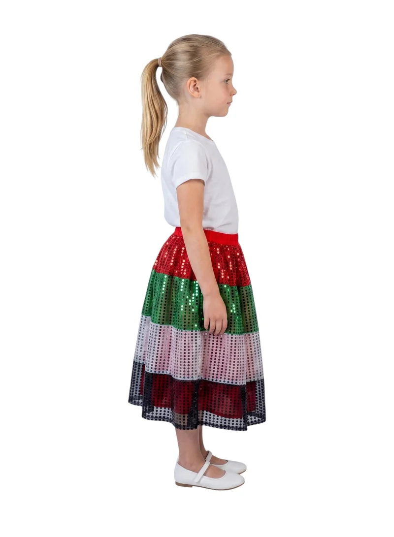 Bidani Girls' UAE National Day All-Over Sequin Flag Color Tiered Midi Skirt