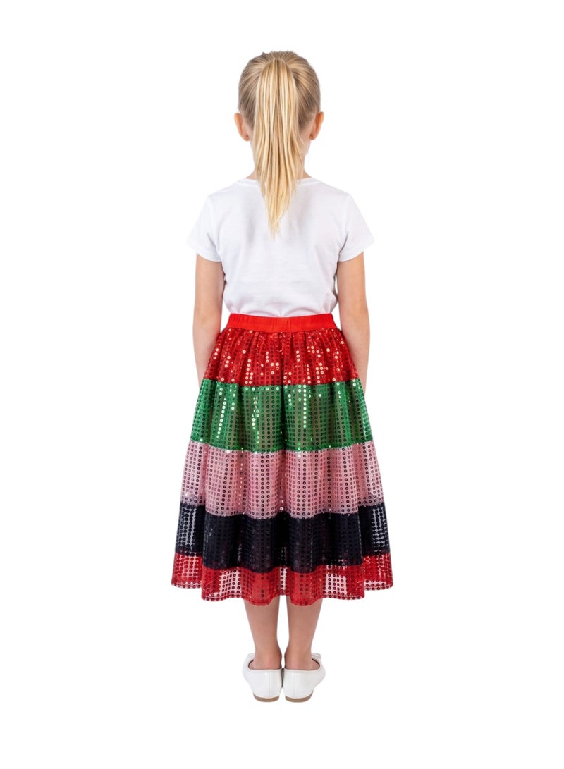 Bidani Girls' UAE National Day All-Over Sequin Flag Color Tiered Midi Skirt - Image 3