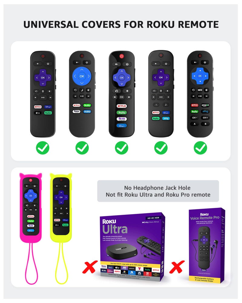 ONEBOM 2Pack Cover for Roku Remote with Cat Ears Design, Silicone Case Compatible with Hisense/TCL/Steaming Stick/Express, Universal Replacement Controller Cover. Glow in The Dark,Yellow/Rosered - Image 2