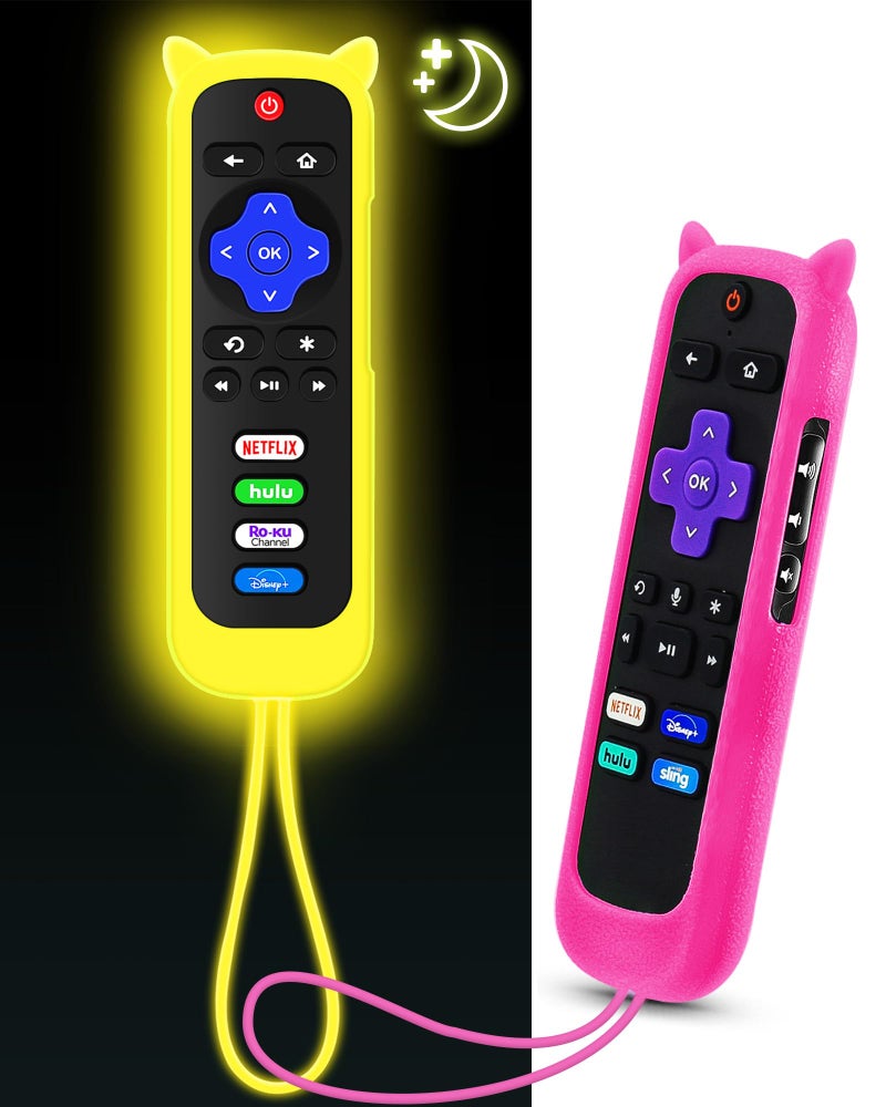 ONEBOM 2Pack Cover for Roku Remote with Cat Ears Design, Silicone Case Compatible with Hisense/TCL/Steaming Stick/Express, Universal Replacement Controller Cover. Glow in The Dark,Yellow/Rosered - Image 1