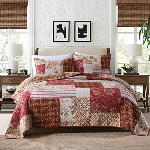 Yvooxny Quilt Set Queen Bedspread Country Farmhouse Cottage Vintage Ditsy Floral Paisley Style Reversible Lightweight Coverlet Set Real Patchwork Quilt for All Seasons, Antique Rose, Queen Size - Image 1
