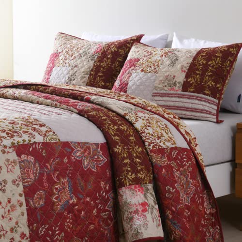 Yvooxny Quilt Set Queen Bedspread Country Farmhouse Cottage Vintage Ditsy Floral Paisley Style Reversible Lightweight Coverlet Set Real Patchwork Quilt for All Seasons, Antique Rose, Queen Size - Image 4