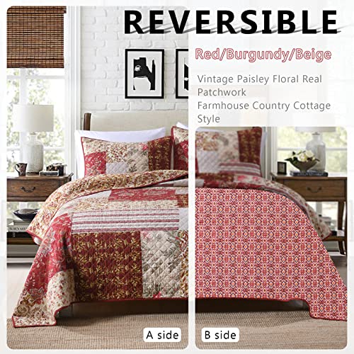 Yvooxny Quilt Set Queen Bedspread Country Farmhouse Cottage Vintage Ditsy Floral Paisley Style Reversible Lightweight Coverlet Set Real Patchwork Quilt for All Seasons, Antique Rose, Queen Size - Image 3