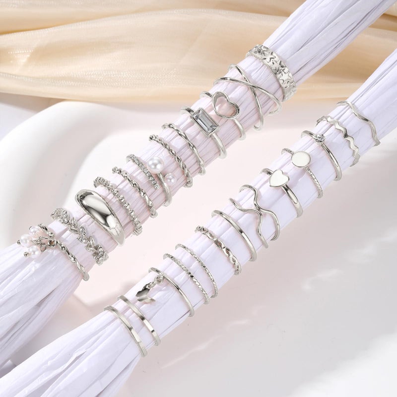 IFKM 24 Pcs Silver Knuckle Rings Set For Women Vintage Stackable Joint Finger Midi Rings Dainty Cubic Zirconia Crystal Simple Twist Hollow Cute Rings Pack Jewelry Gift (Heart's Voice, Silver) - Image 5