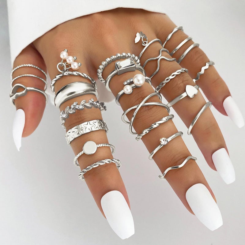 IFKM 24 Pcs Silver Knuckle Rings Set For Women Vintage Stackable Joint Finger Midi Rings Dainty Cubic Zirconia Crystal Simple Twist Hollow Cute Rings Pack Jewelry Gift (Heart's Voice, Silver) - Image 3