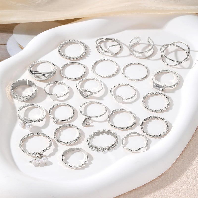 IFKM 24 Pcs Silver Knuckle Rings Set For Women Vintage Stackable Joint Finger Midi Rings Dainty Cubic Zirconia Crystal Simple Twist Hollow Cute Rings Pack Jewelry Gift (Heart's Voice, Silver) - Image 4