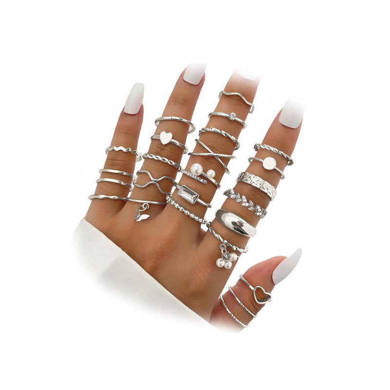 IFKM 24 Pcs Silver Knuckle Rings Set For Women Vintage Stackable Joint Finger Midi Rings Dainty Cubic Zirconia Crystal Simple Twist Hollow Cute Rings Pack Jewelry Gift (Heart's Voice, Silver) - Image 1