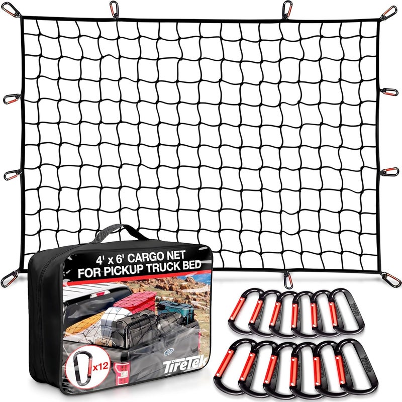 TireTek Cargo Net for Pickup Truck Bed- 4' x 6' Stretches to 8' x 12'- Heavy Duty Small 4”x4” Latex Bungee Net Mesh with 12 Metal Carabiners - Compatible with Ford, Dodge RAM, Chevy, Toyota - Image 1