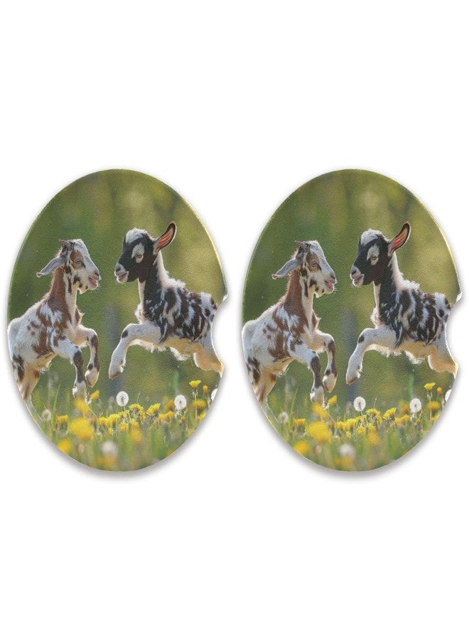 SDMKA Playful Goats Pattern Car Coasters 2 Pack Absorbent Car Cup Holder Coaster 2.5" Ceramic Drinks Coaster with Finger Notch & Cork Base - Image 1