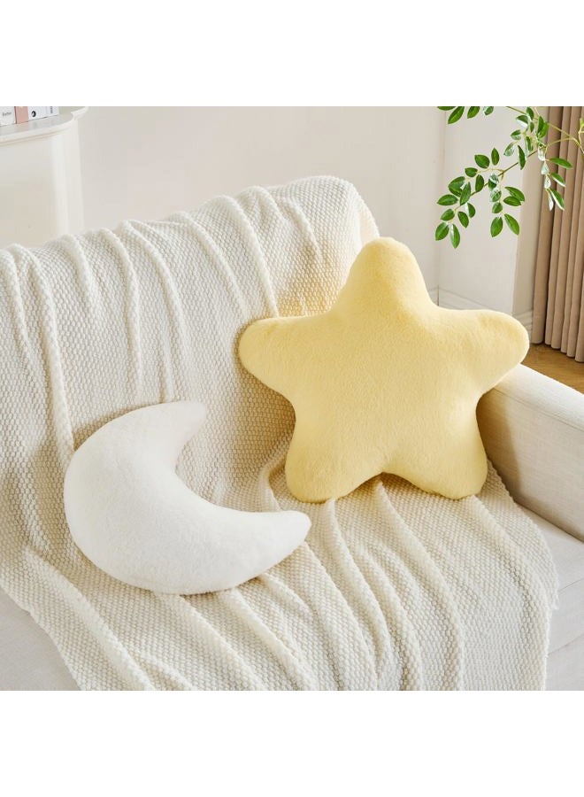 CANGHI 2PCS Star Moon Pillow Yellow Star Shaped Decorative Throw Pillows White Moon Shaped Pillow Aesthetic Plush Floor Seating Cushions with Soft Faux Rabbit Fur for Sofa Bedroom Living Room - Image 1