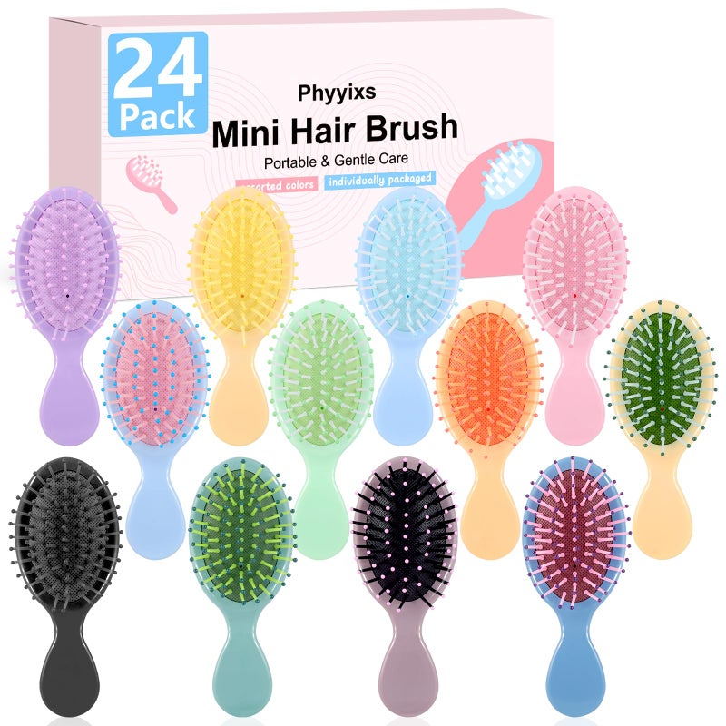 Phyyixs 24 Pcs Mini Detangling Hairbrush (2 Packs of 12), 12 Vibrant Colors Small Brush for Dry or Damp Hair, Portable Travel Hair Brush for Teens & Adults, Bulk Party Favors & Stocking Stuffers - Image 1