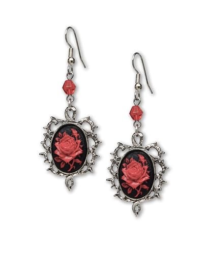 Real Metal Gothic Red Rose Cameo Earrings Surrounded by Thorns with Red Bead - Image 1