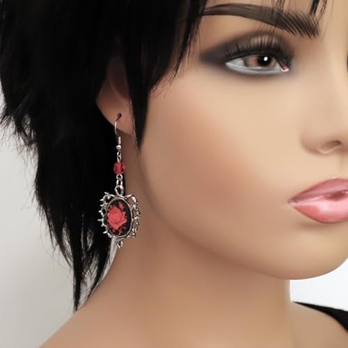 Real Metal Gothic Red Rose Cameo Earrings Surrounded by Thorns with Red Bead - Image 2