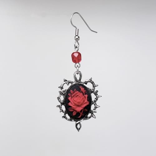Real Metal Gothic Red Rose Cameo Earrings Surrounded by Thorns with Red Bead - Image 5