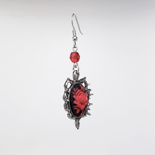 Real Metal Gothic Red Rose Cameo Earrings Surrounded by Thorns with Red Bead - Image 4