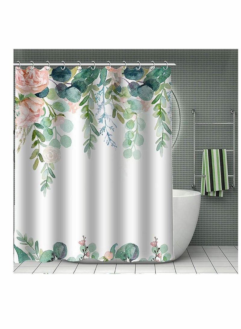 KASTWAVE Floral Shower Curtain with 12 Hooks Pink Flowers Green Leaves Shower Curtain Set for Bathroom, Watercolor Boho Bath Curtain Set, Waterproof Fabric Shower Curtain - Image 2