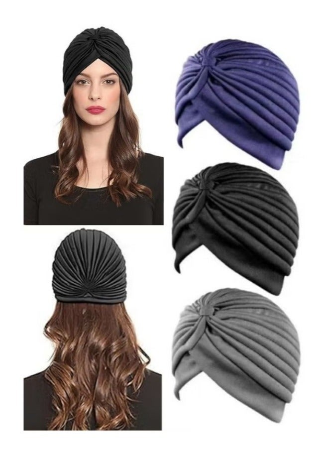 3 Pieces Turbans for Women Soft Turban Head Wrap Pleated Beanie Cap - Image 1