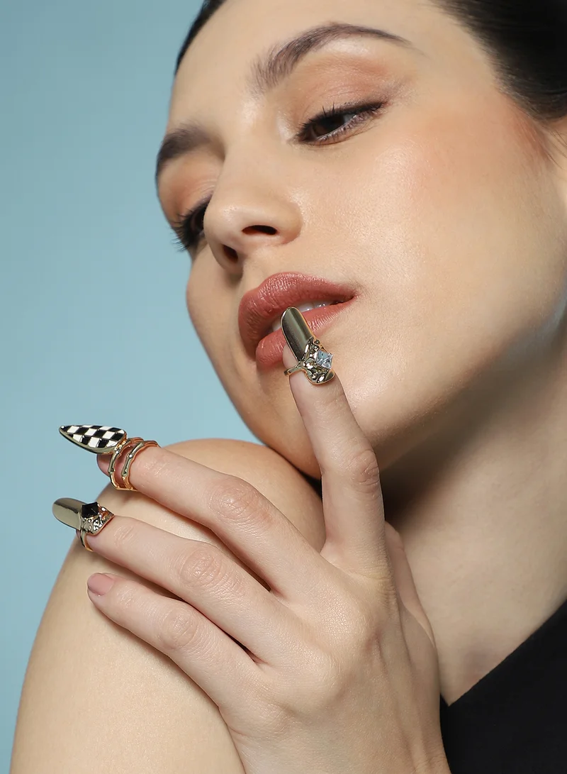 SOHI SOHI Women The Bijou-Checks Nail Ring Set | California  Colour | Set Of 3 | One-Size | Artificial Stone Alloy Material | Adjustable Closure | Ring For Casual & Evening Wear