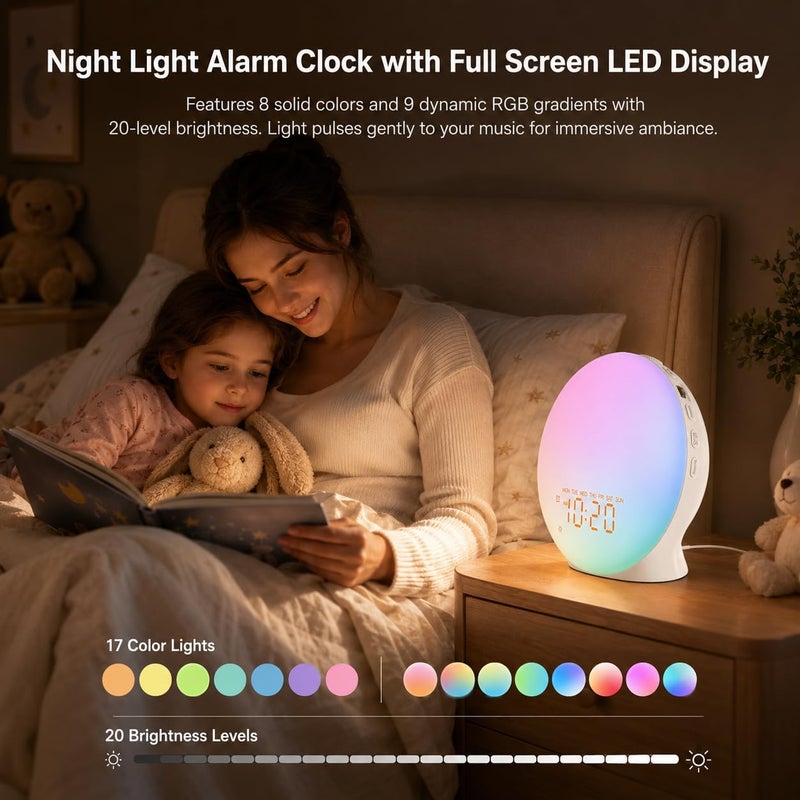 Jall Sleep Sound Machine Sunrise Alarm Clock with 25 White Noise Nature Sounds, Wake Up Light for Bedrooms, Bluetooth Speaker, 8-Hour Sleep Timer, 17 Color Dimmable Lights - Image 5