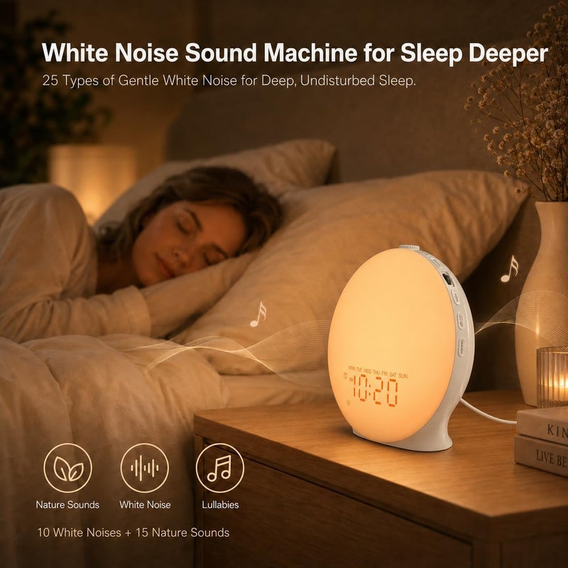 Jall Sleep Sound Machine Sunrise Alarm Clock with 25 White Noise Nature Sounds, Wake Up Light for Bedrooms, Bluetooth Speaker, 8-Hour Sleep Timer, 17 Color Dimmable Lights - Image 3
