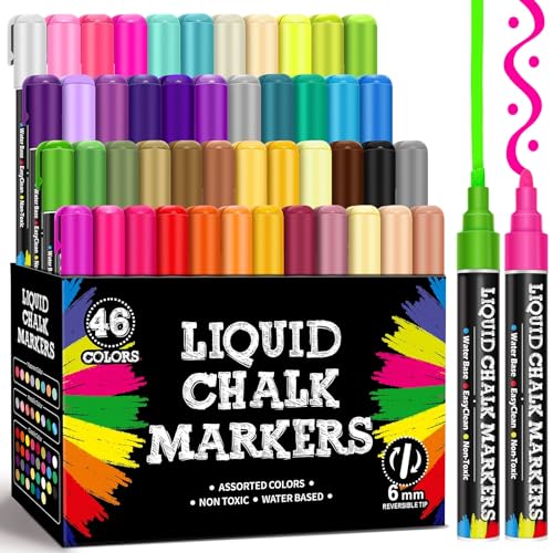 Bstoyder 46 Pack Liquid Chalk Markers for Blackboard, Dry Erase Markers Pens for Chalkboard Calendar Window Car Glass, 6mm Reversible Tip, Dust-Free Chalk Pens for School Bistro Businesses Restaurants - Image 1