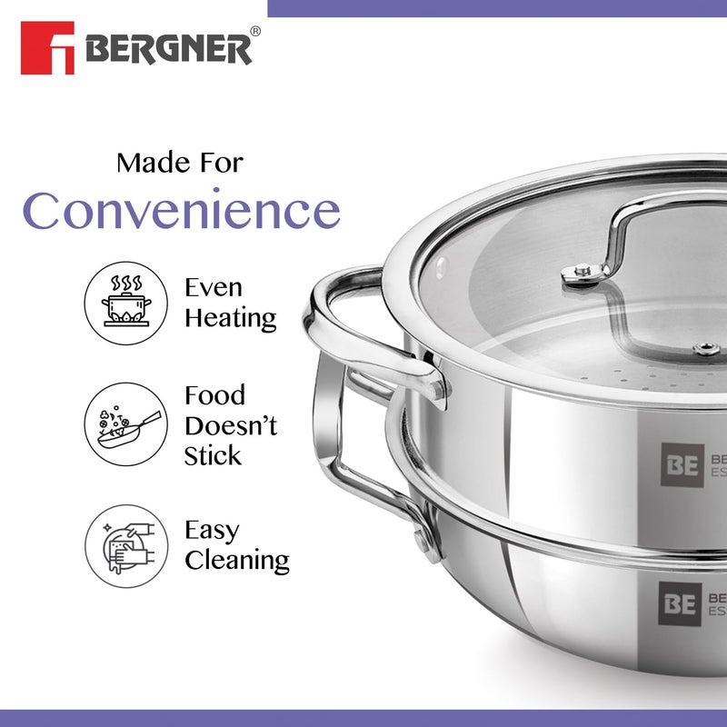 BERGNER Bergner BE Bergner Essentials Tri-Ply Stainless Steel 3 Pcs Cookware Set of 24 cm Kadai and Steamer with Flat Glass Lid, Kadhai and Steamer Set, Induction, Silver, 5-Year Warranty by Bergner - Image 5